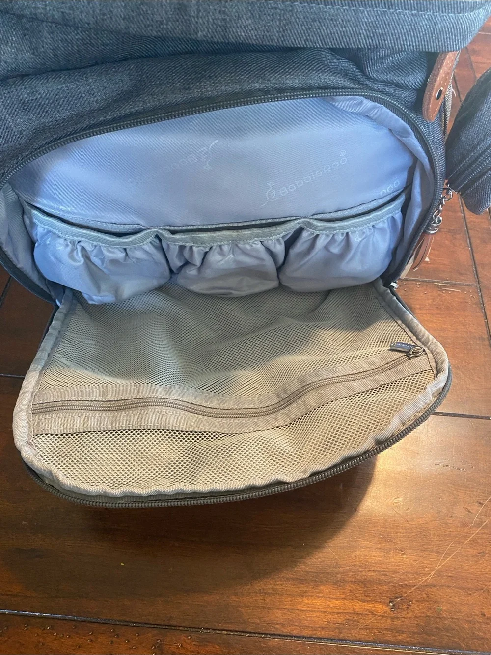 Gray Quilted Canvas Diaper Backpack with Brown Accents